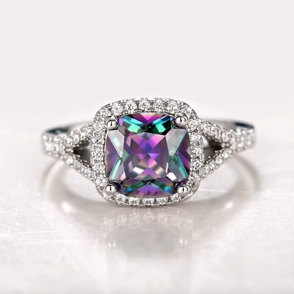 NEW 925 Sterling Silver Mystic Topaz Diamond Halo Cushion Cut Ring
